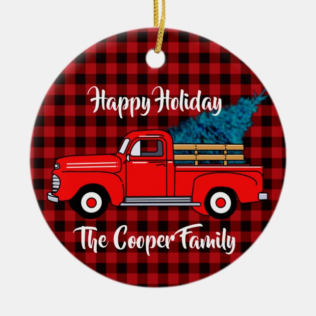 Classic retro red pickup truck red black plaid  ceramic tree decoration (Front)