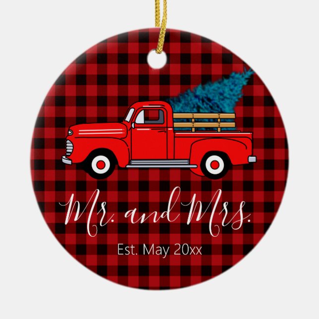 Classic retro red pickup truck red black plaid  ceramic tree decoration (Front)
