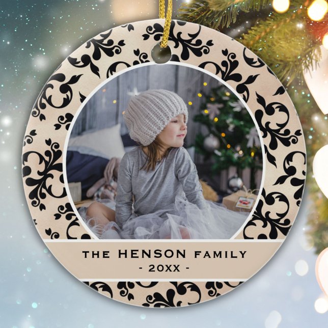 Classic Rococo Pattern Family Photo Christmas  Ceramic Tree Decoration (Creator Uploaded)