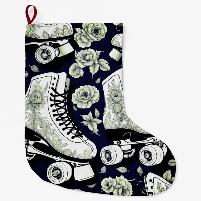 Classic Roller Skates  Flowers  ,black  white  Large Christmas Stocking (Front)
