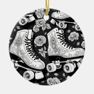 Classic roller skates, roses, black and white ceramic tree decoration
