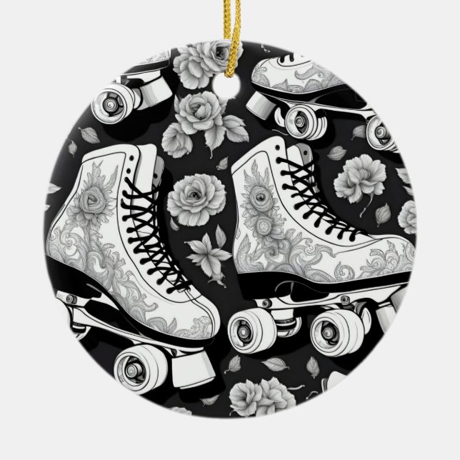 Classic roller skates, roses, black and white ceramic tree decoration (Front)