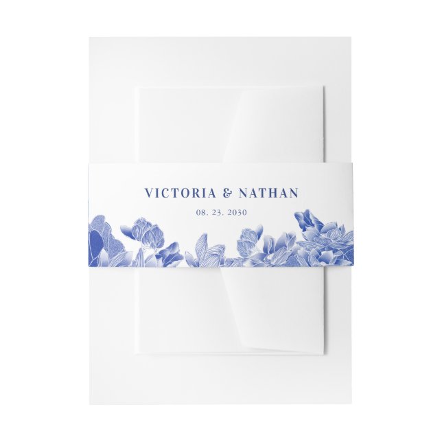  Classic Romantic Blue and White Floral Wedding  I Invitation Belly Band (Front Example)
