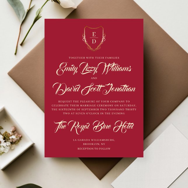 Classic Romantic Crimson Red Monogram Elegant  Invitation (Creator Uploaded)