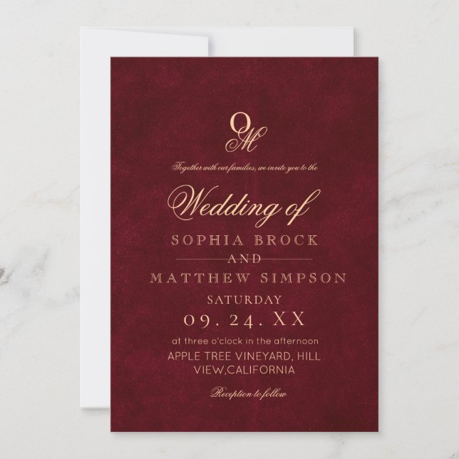 Classic Romantic Minimal Burgundy Monogram Wedding Invitation (Front)