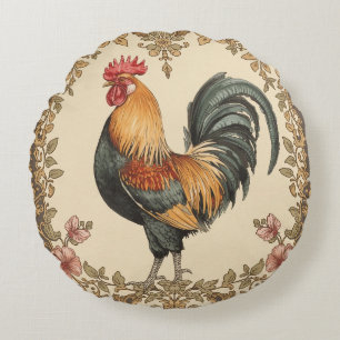 Classic,Rooster , Flowers Pattern, Vintage Round Cushion