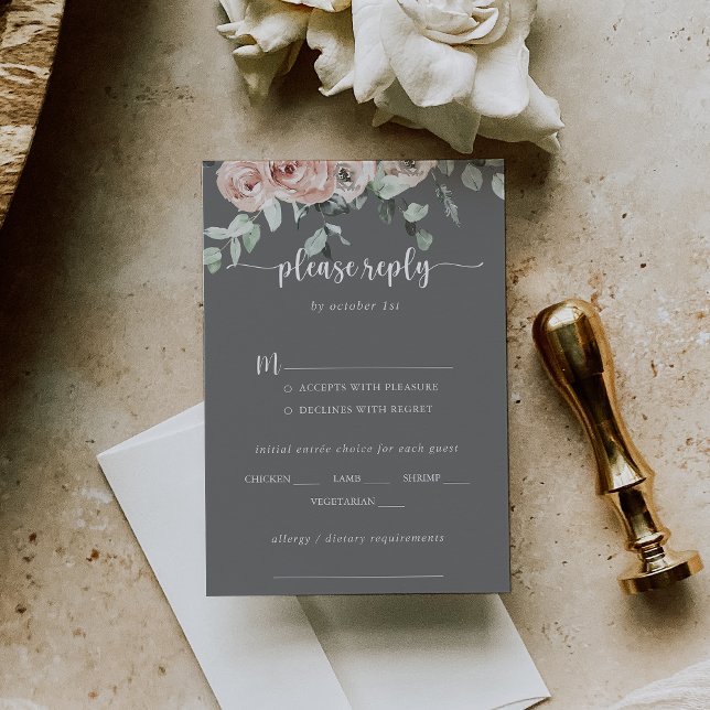 Classic Rose Floral Grey Wedding Menu Choice RSVP (Creator Uploaded)