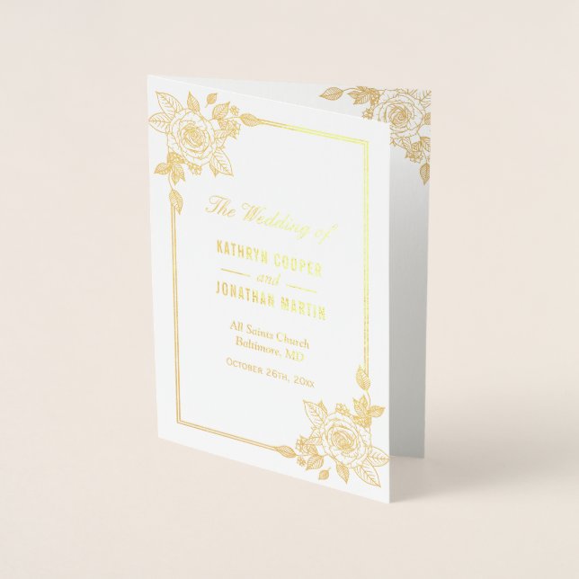 Classic Rose Floral Real Gold Foil Wedding Program (Front)