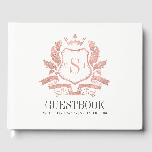 Classic Rose Gold Crest Wedding Guest Book (Front)