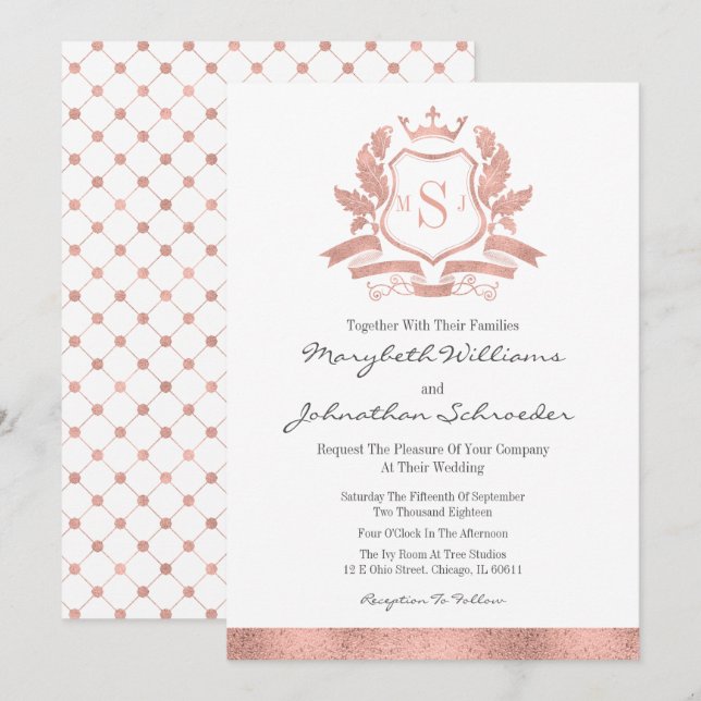 Classic Rose Gold Crest Wedding Invitation Card (Front/Back)