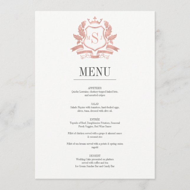 Classic Rose Gold Crest Wedding Menu Card (Front)