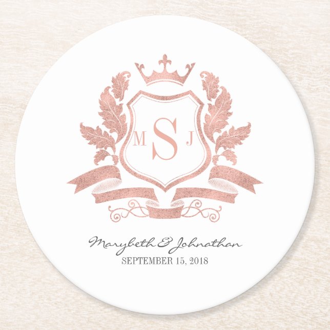 Classic Rose Gold Crest Wedding Paper Coaster (Front)