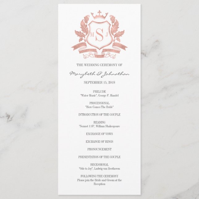 Classic Rose Gold Crest Wedding Program Programme (Front)