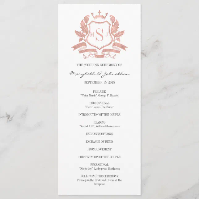 Rose Gold Program Classic Rose Gold Crest Wedding Program Programme | Zazzle