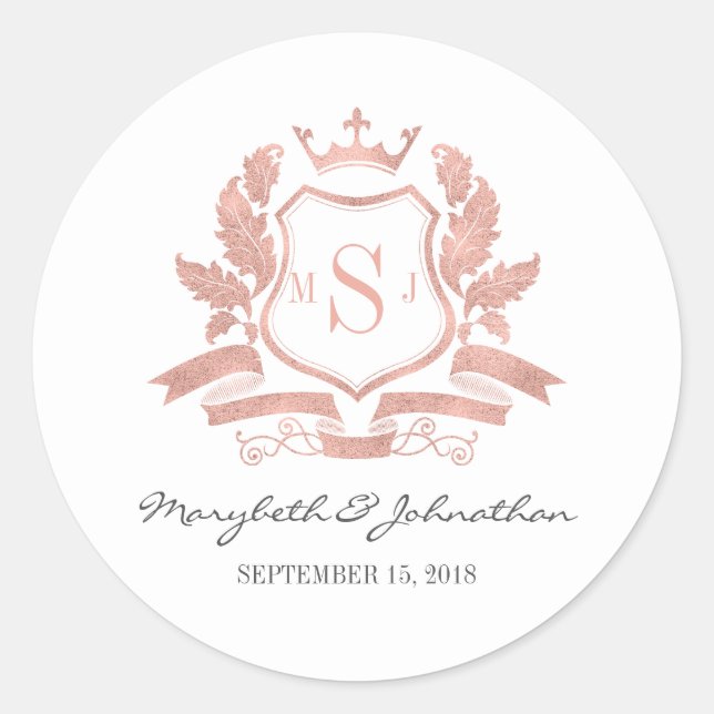Classic Rose Gold Crest Wedding Sticker (Front)