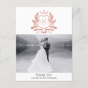 Classic Rose Gold Crest Wedding Thank You Postcard