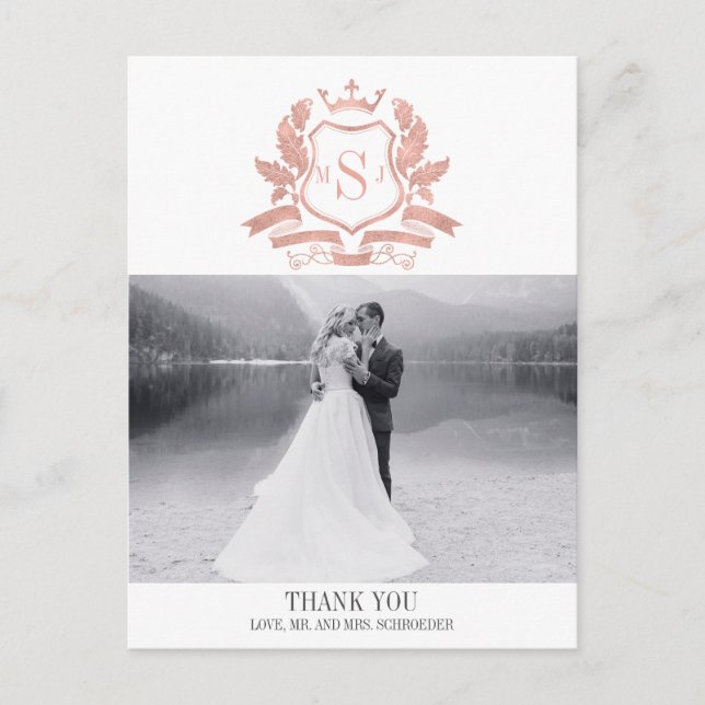Classic Rose Gold Crest Wedding Thank You Postcard (Front)