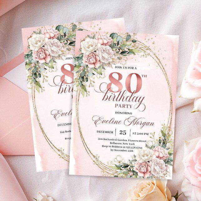 Classic Rose Gold Floral Greenery 80th Birthday  Invitation (Classic Rose Gold Floral Greenery 80th Birthday Invite)