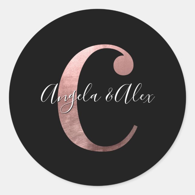 Classic Rose Gold Foil Wedding Monogram C Black Classic Round Sticker (Front)