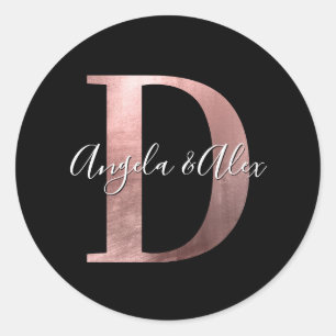 Classic Rose Gold Foil Wedding Monogram D Black Classic Round Sticker
