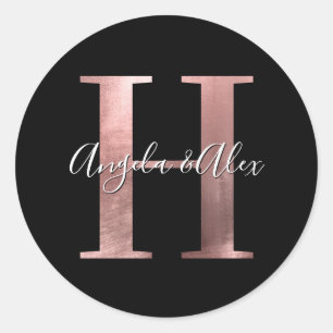Classic Rose Gold Foil Wedding Monogram H Black Classic Round Sticker