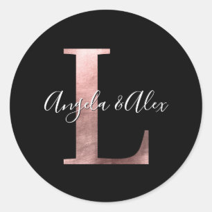 Classic Rose Gold Foil Wedding Monogram L Black Round Sticker