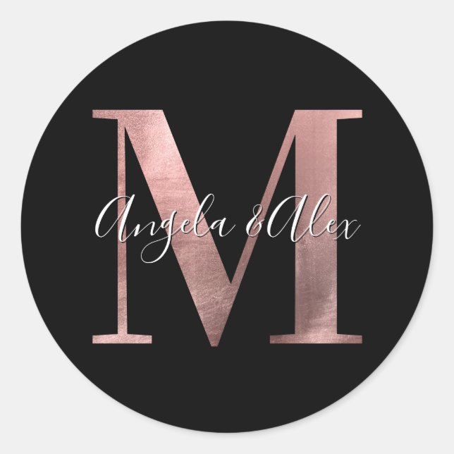 Classic Rose Gold Foil Wedding Monogram M Black Classic Round Sticker (Front)