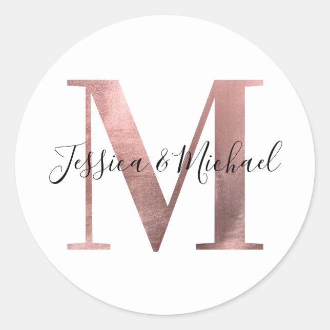 Classic Rose Gold Foil Wedding Monogram M Classic Round Sticker (Front)