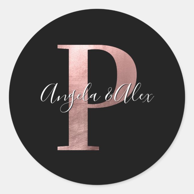 Classic Rose Gold Foil Wedding Monogram P Black Classic Round Sticker (Front)
