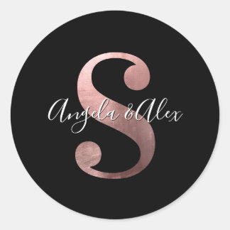 Classic Rose Gold Foil Wedding Monogram S Black Round Sticker