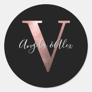 Classic Rose Gold Foil Wedding Monogram V Black Round Sticker