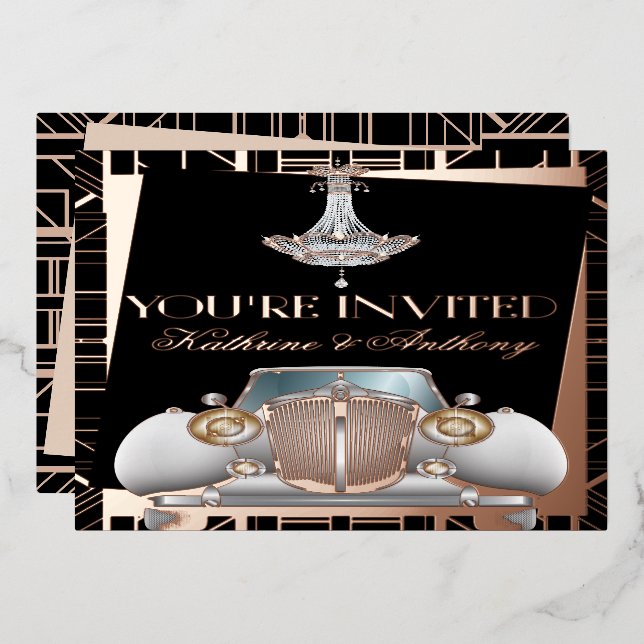 Classic ROSE GOLD Gatsby Deco Wedding  Foil Invita (Front/Back)