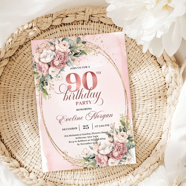 Classic Rose Gold Greenery 90th Birthday Invite (Classic Rose Gold Greenery 90th Birthday Invitation)