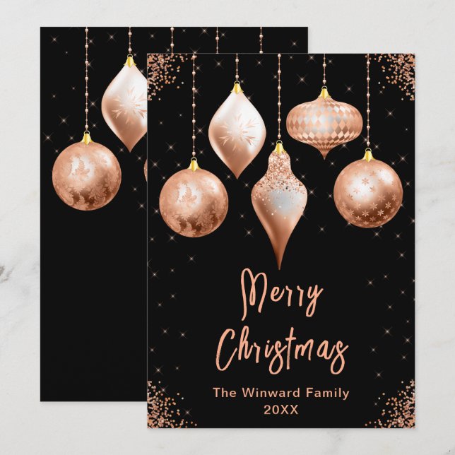 Classic Rose Gold Ornaments Merry Christmas Holiday Card (Front/Back)