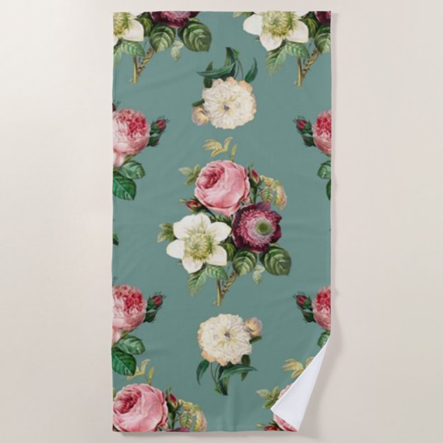 Classic Roses and Jade Beach Towel (Front)