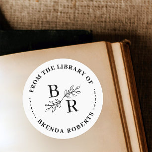 Classic Round Botanical Initials Library Bookplate Classic Round Sticker