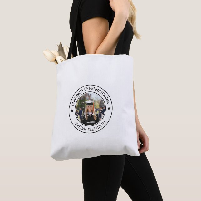 Classic Round Graduate Modern Script Medium White Tote Bag (Close Up)