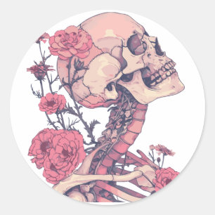 Classic round stickers. Skeleton with flowers. Pin Sticker