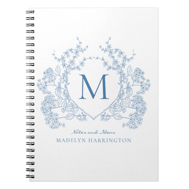 Classic Royal Blue Floral Crest Monogram Notebook (Front)