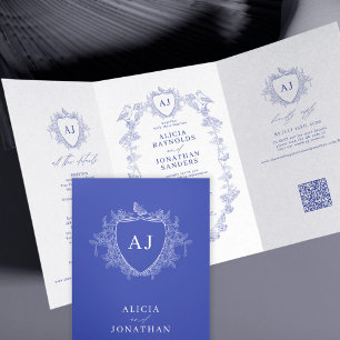 Classic royal blue French floral QR code wedding Tri-Fold Invitation