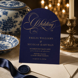 Classic Royal Blue Gold All In One Wedding Invitation