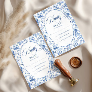 Classic Royal Blue Toile Roses Wedding RSVP Card