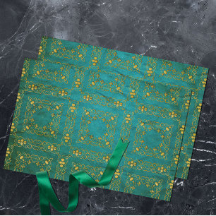Classic Royal Gold Damask Brocade On Teal Tissue Paper