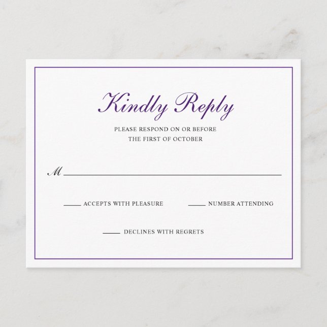 Classic Royal Purple Formal Wedding RSVP Invitation Postcard (Front)