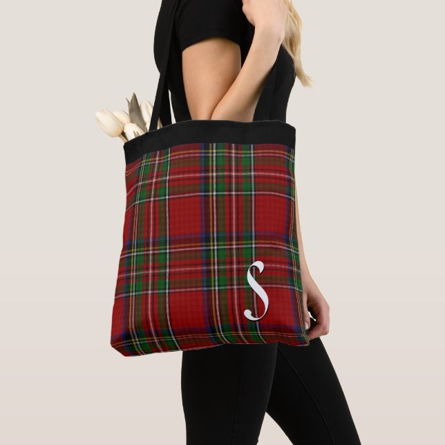 Classic Royal Stewart Plaid Monogrammed Tote Bag (Close Up)