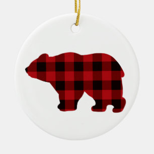Classic rustic bear design - red and black plaid ceramic tree decoration