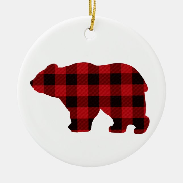 Classic rustic bear design - red and black plaid ceramic tree decoration (Front)