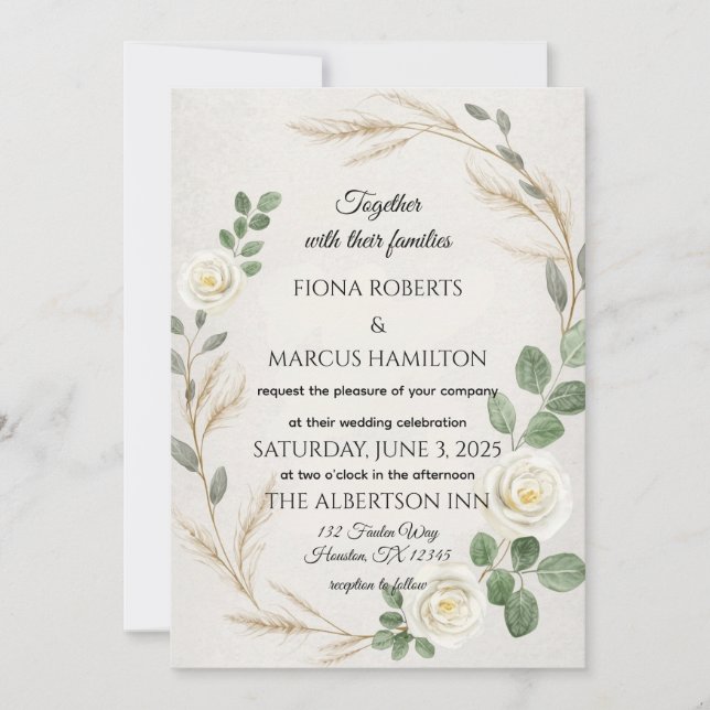 Classic Rustic Boho Roses&Pampas Grass Wedding  Invitation (Front)