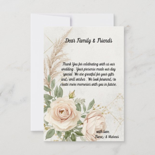 Classic Rustic Boho Roses Wedding  Thank You Card (Front)