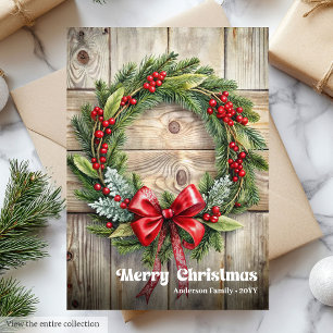 Classic rustic Christmas pine wreath holly berries Holiday Card